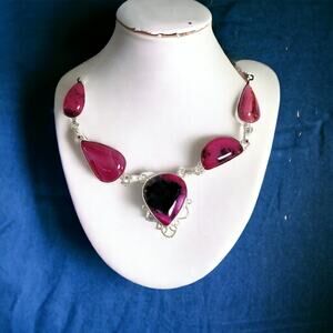 Women's Chunky Necklace - Handcrafted Pink Rhodonite, Silver Elegance
